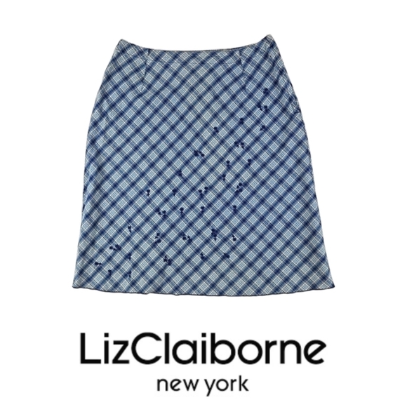Liz Claiborne Plaid & Floral A-line Skirt Blue & Almond Cream, 6 Petite - Picture 1 of 5